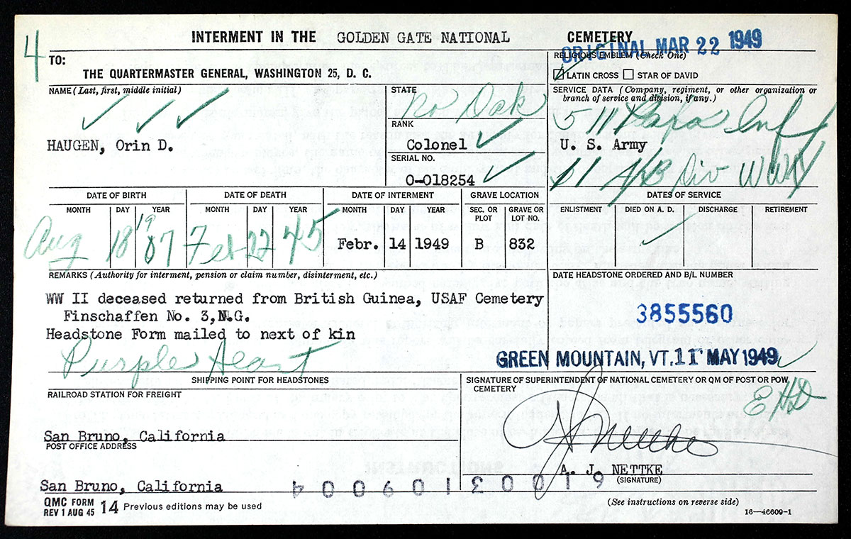 Colonel Orin Haugen burial