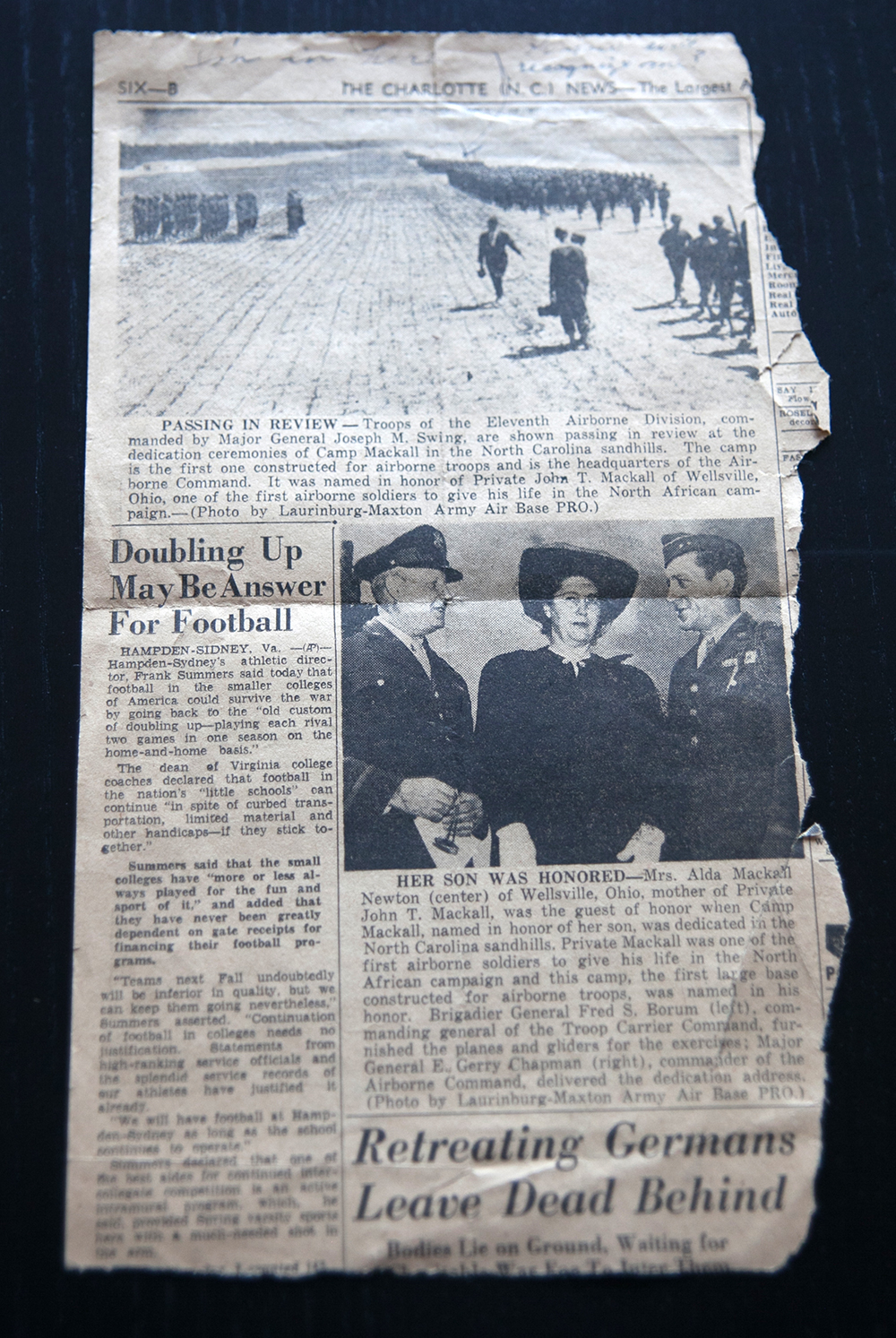 Camp Mackall dedication WWII 11th Airborne Division